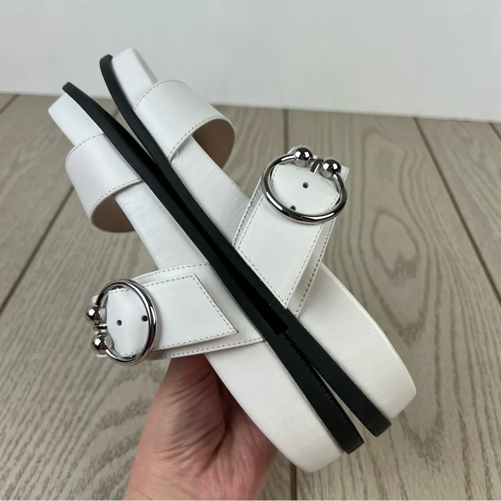 Stuart Weitzman Joni Leather Footbed Buckle Strap Slide Sandals 5.5B White $325